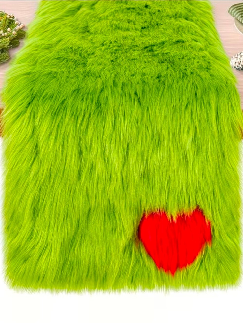 Grinch Green Table Runner With A Red Heart, EUC